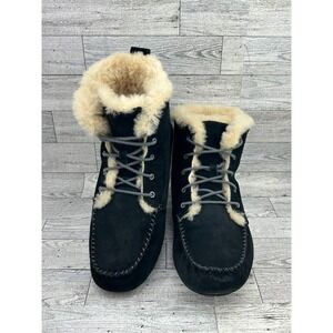 UGG Australia Black Suede Shearling Moccasin Lace Up Boots 1007716 Women Sz 9